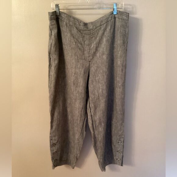 CHICO'S XL SIZE 16 (3) GRAY BLACK PULL ON LINEN WIDE LEG CROPPED PANTS CAPRI - Picture 1 of 7